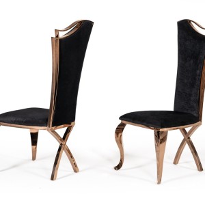 Silla de comedor Modrest Bonnie transicional de terciopelo negro y oro rosa (juego de 2)