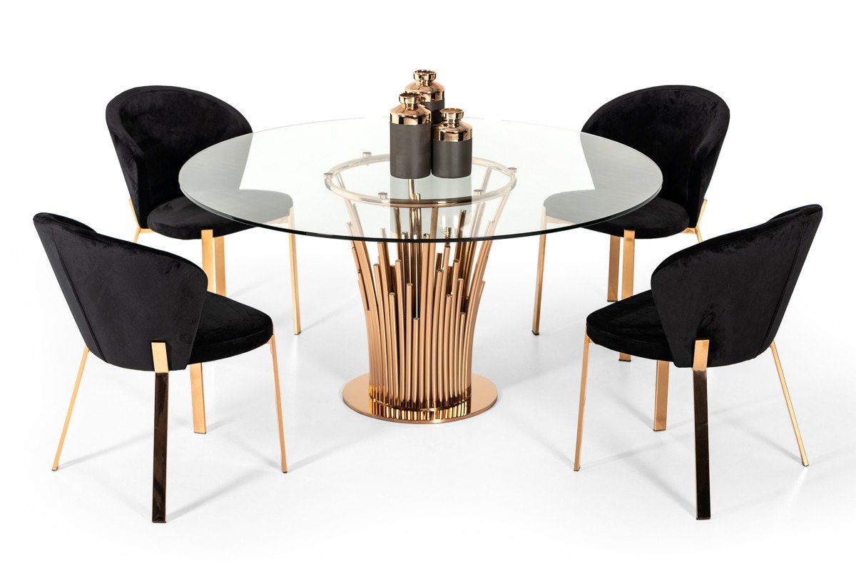 Mesa de comedor Modrest Paxton moderna redonda de vidrio y oro rosa