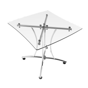 Mesa Palermo con cubierta de cristal templado y base cromada de acero. Ideal para salas de espera y espacios colaborativos.