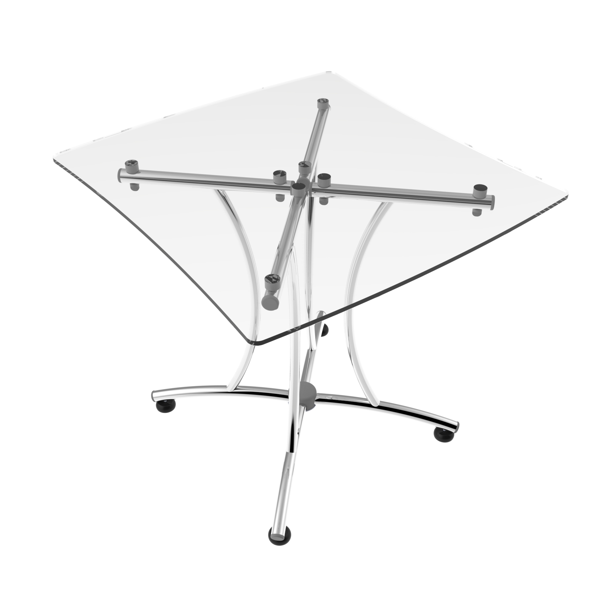 Mesa Palermo con cubierta de cristal templado y base cromada de acero. Ideal para salas de espera y espacios colaborativos.