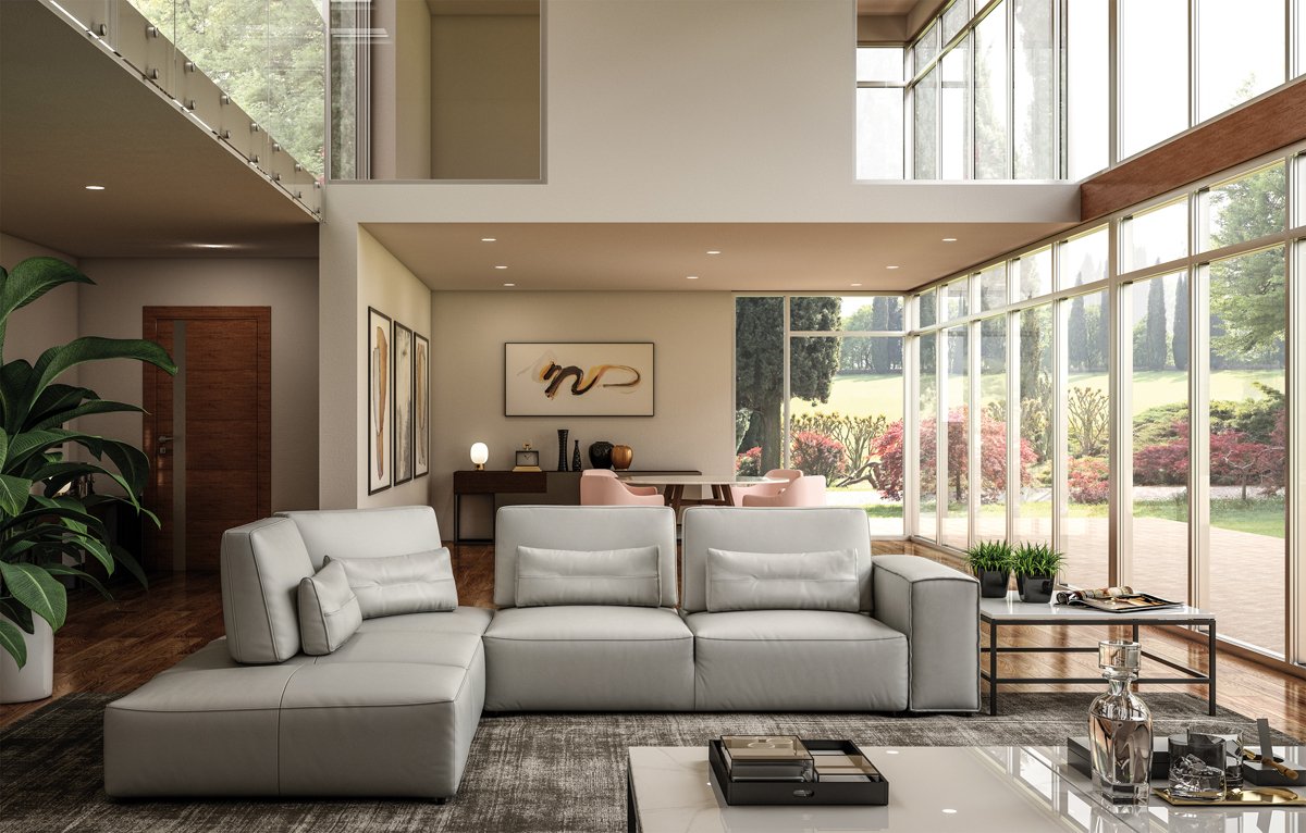 Accenti Italia Enjoy – Sofá seccional italiano moderno de cuero gris claro con orientación izquierda