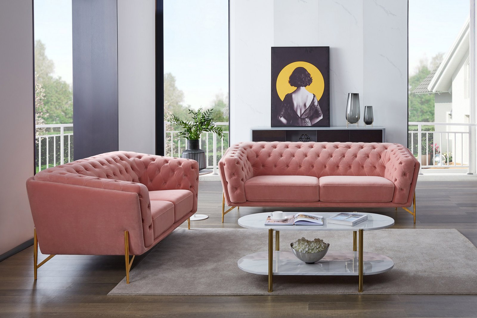 Divani Casa Aiken – Sofá de dos plazas moderno de terciopelo color salmón