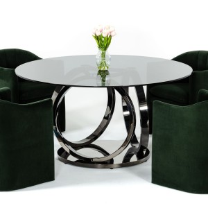 Modrest Enid - Mesa de comedor redonda moderna de vidrio ahumado y acero inoxidable negro