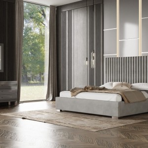 Modrest Splendor - Juego de cama con plataforma tapizada en terciopelo plateado y gris