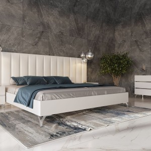 Nova Domus Angela - Cama italiana moderna de cuero ecológico blanco con mesitas de noche y alas