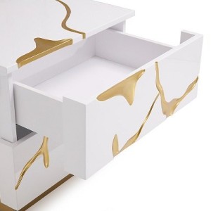 Modrest Aspen - Mesita de noche moderna con 2 cajones, color blanco y dorado