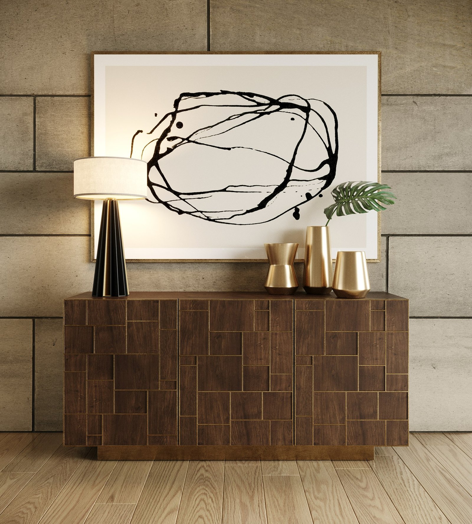 Modrest Auer- Buffet de roble marrón y dorado