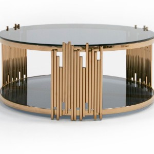 Mesa de centro redonda moderna Modrest Bryce de vidrio ahumado y oro rosa