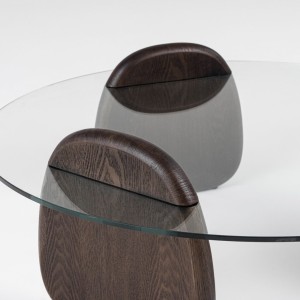 Modrest Buxton - Mesa de centro moderna de mediados de siglo de vidrio + nogal oscuro