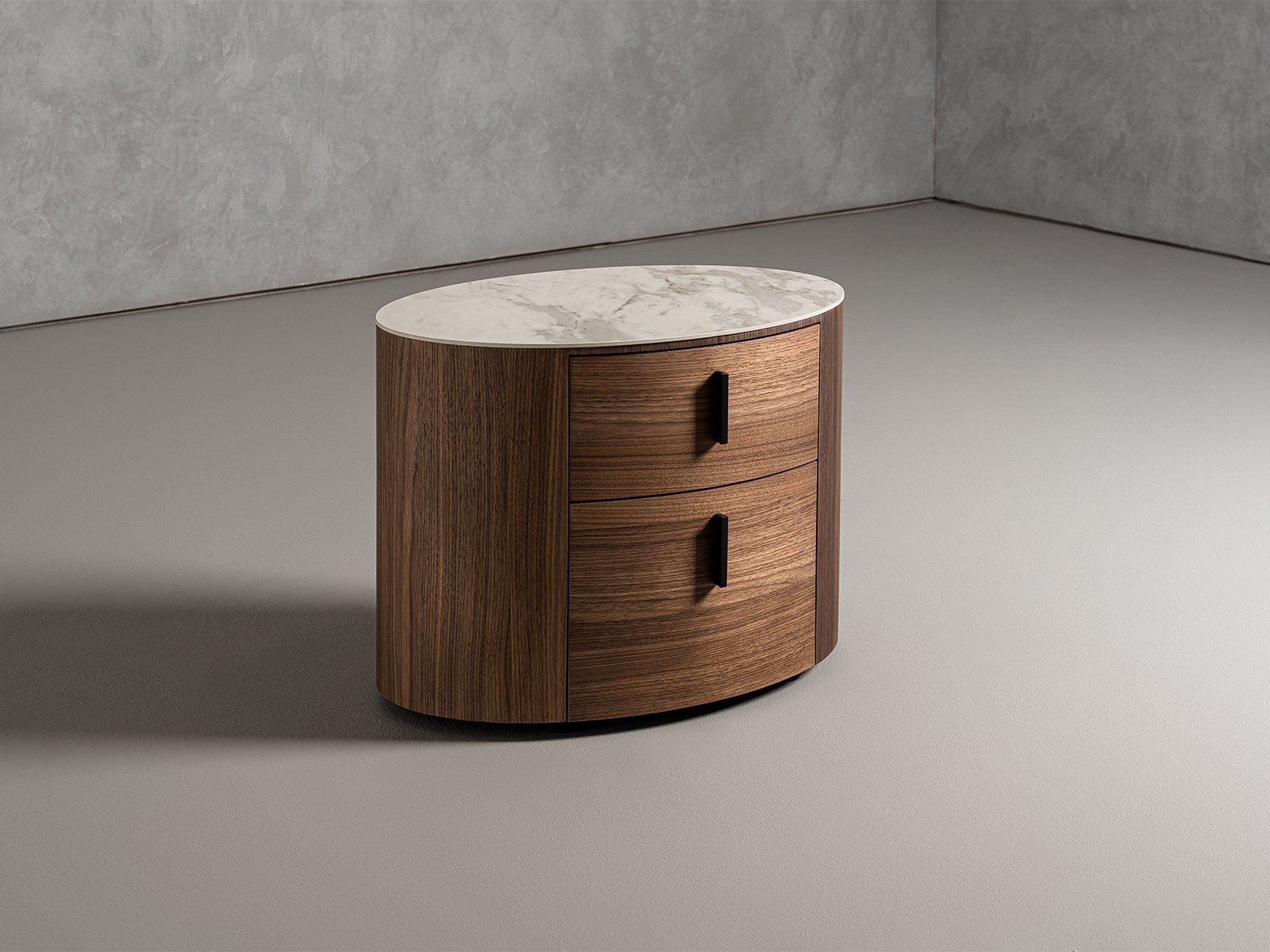 Modrest Chelton - Mesita de noche ovalada contemporánea de cerámica blanca y nogal