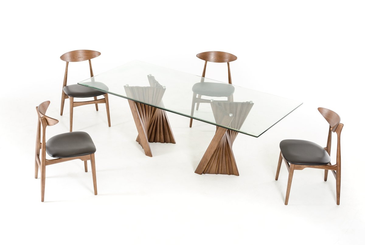 Mesa de comedor Modrest Corbin Mid-Century de nogal y vidrio
