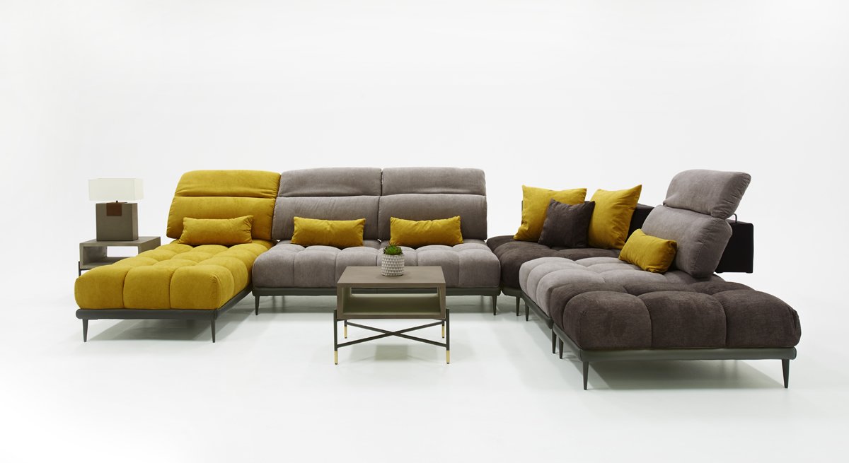 David Ferrari Display – Sofá seccional modular de tela italiana moderna gris + amarilla