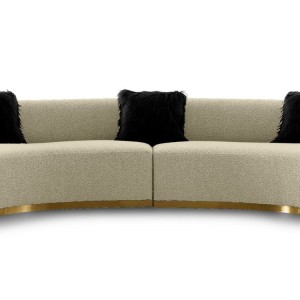 Divani Casa Frontier - Sofá seccional curvado de tela glamurosa color blanquecino con almohadas negras