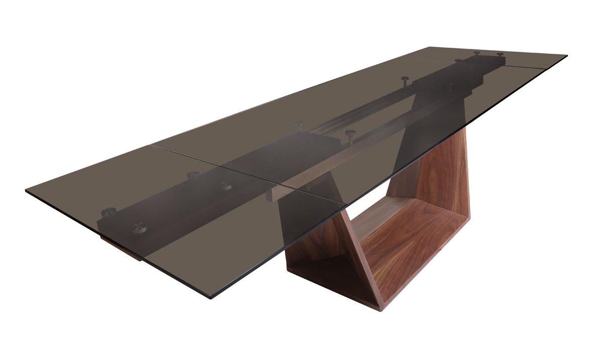 Mesa de comedor extensible moderna Modrest Babia de cristal ahumado y nogal - Image 3