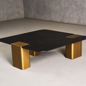 Modrest Harold - Mesa de centro pequeña cuadrada moderna de roble negro + roble dorado cepillado