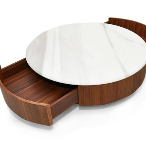 Nova Domus Hilton- Mesa de centro redonda moderna de mármol blanco y nogal