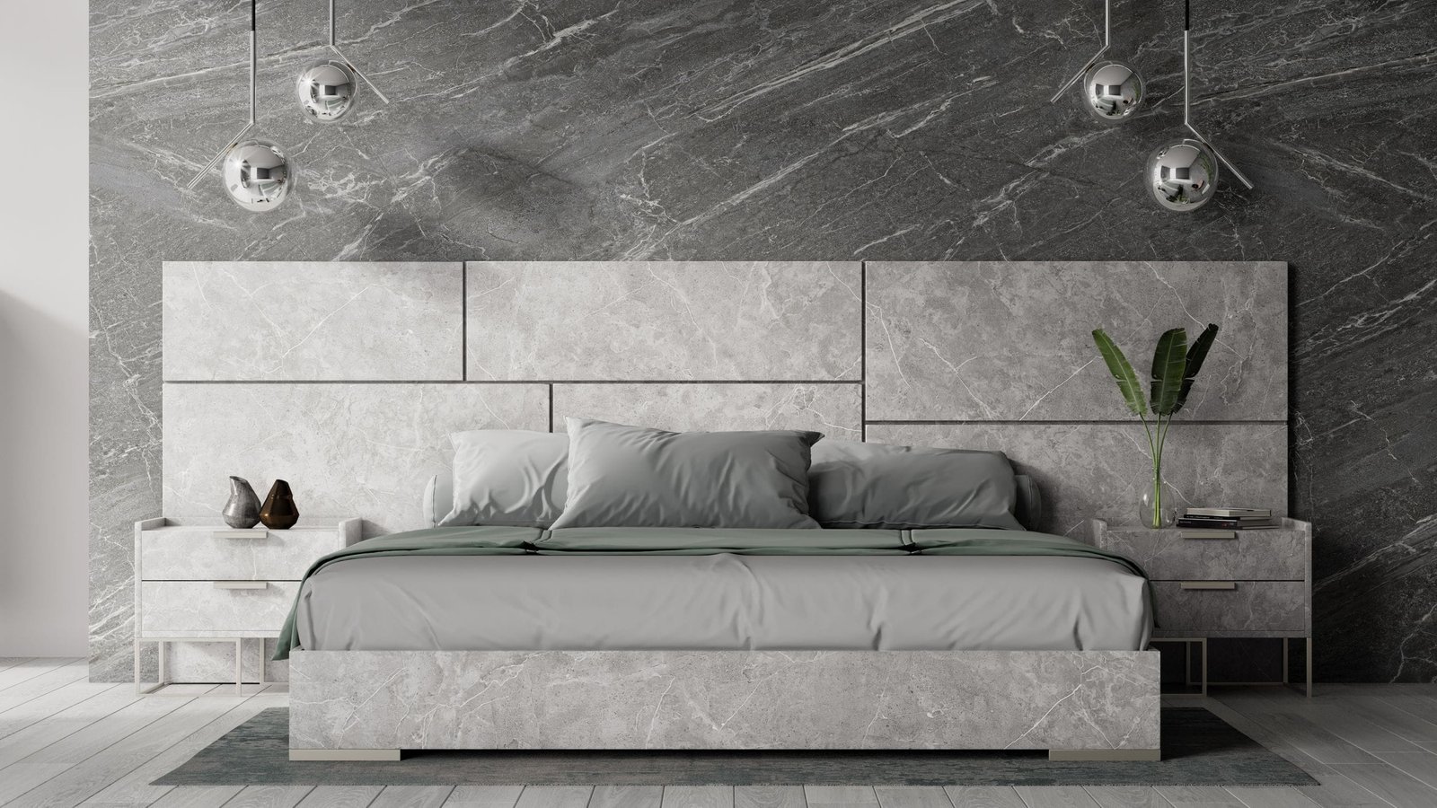 Nova Domus Marbella - Recámara italiana moderna de mármol gris con 2 mesas de noche