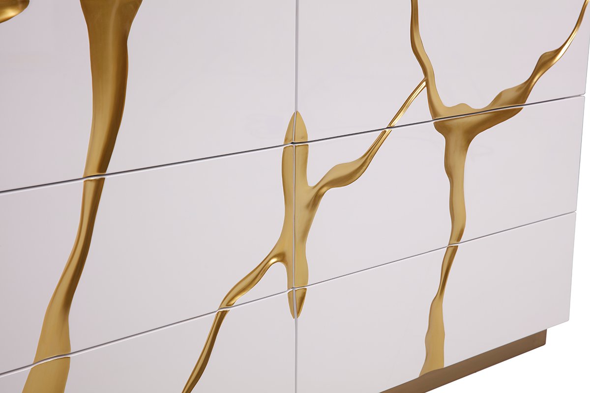 Cómoda moderna y ancha Modrest Aspen en blanco y dorado - Image 5