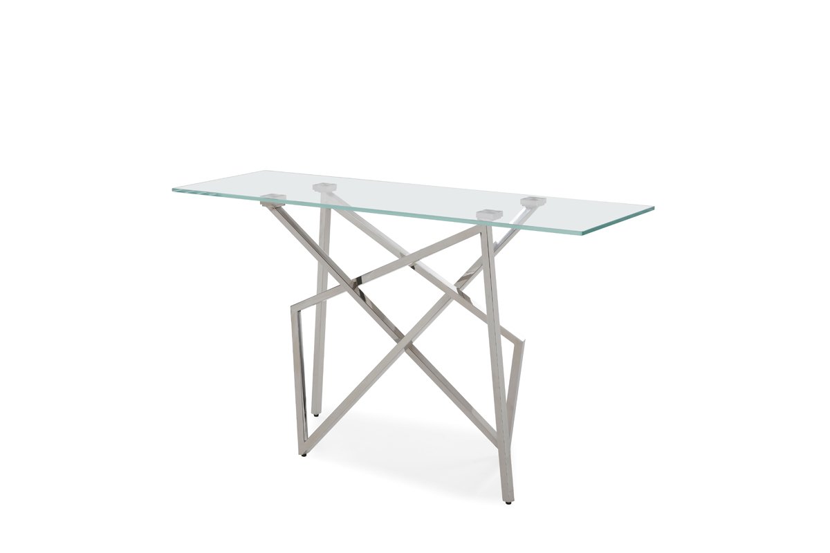 Mesa consola Modrest Hawkins moderna de vidrio y acero inoxidable