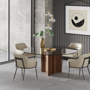 Modrest Kaye - Mesa de comedor redonda moderna de nogal + vidrio de 71"