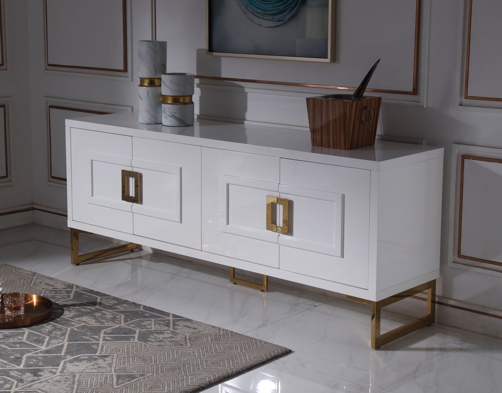 Modrest Leah - Buffet contemporáneo blanco de alto brillo y dorado champán