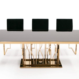 Mesa de comedor moderna Modrest Marston de vidrio negro y oro rosa