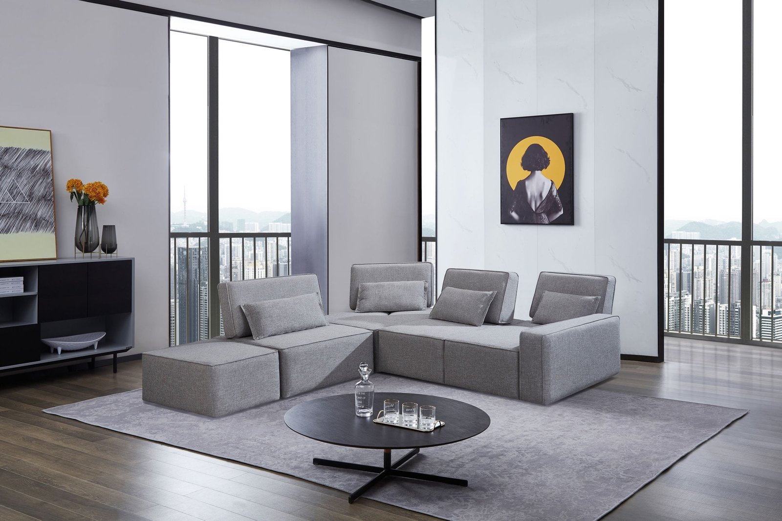 Divani Casa Chapel – Sofá seccional moderno de tela gris claro + otomana