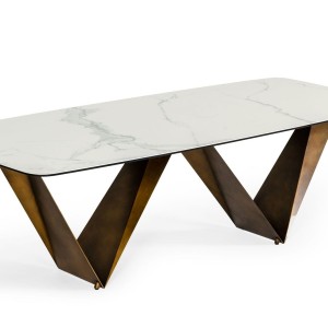 Modrest Melanie - Mesa de comedor moderna de cerámica blanca y marrón cepillado