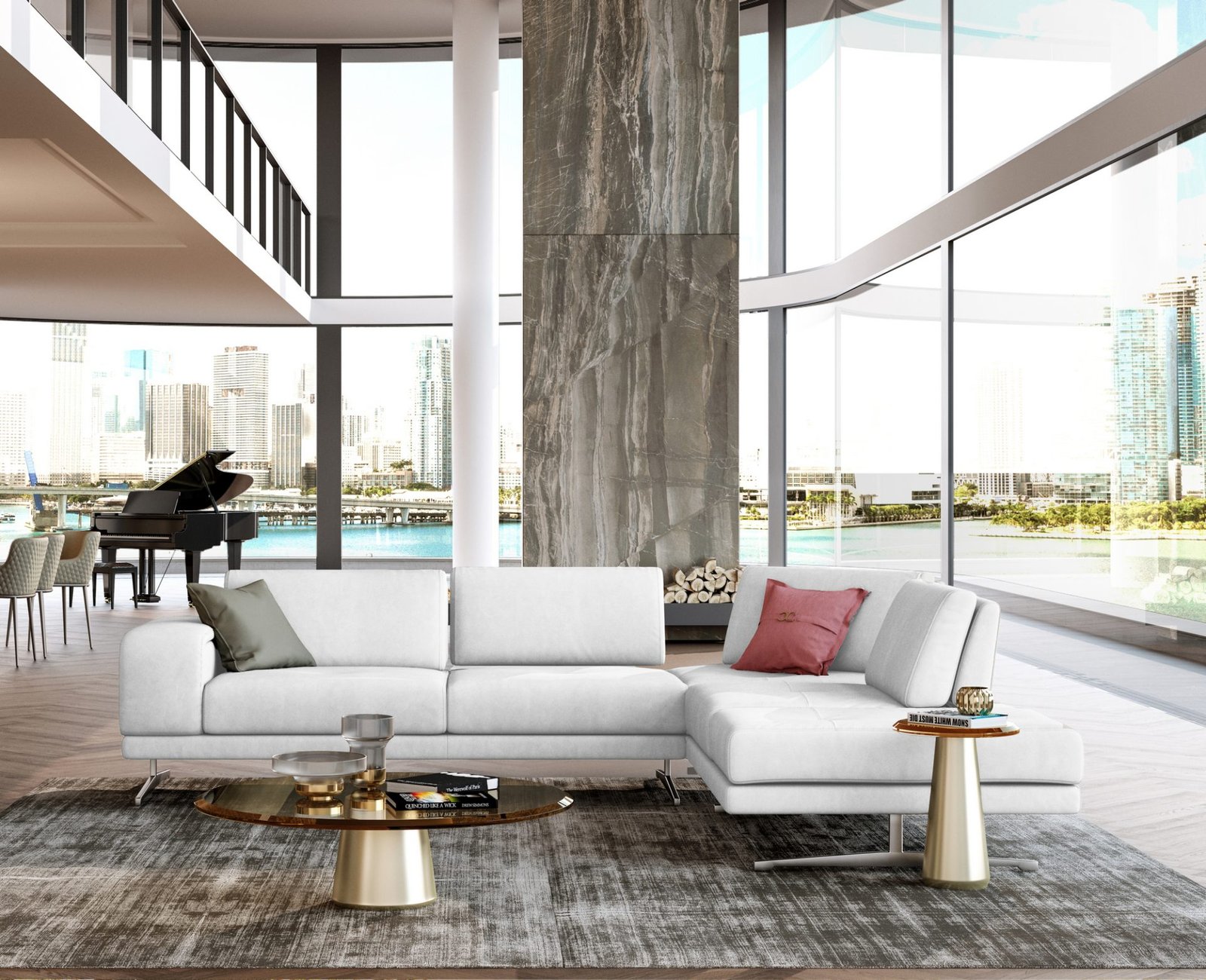 Lamod Italia Mood – Sofá seccional italiano de cuero blanco con orientación derecha