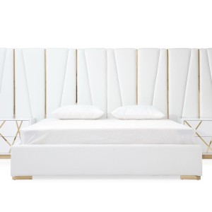 Modrest Nixa - Cama Moderna Blanca + Dorada + Mesitas de Noche