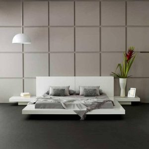 Recámara con plataforma de estilo japonés Queen Opal White Gloss con mesitas de noche