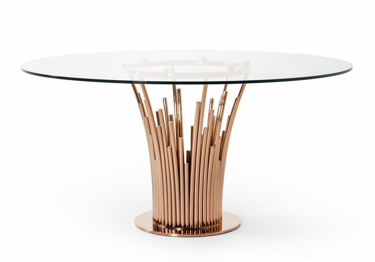 Mesa de comedor Modrest Paxton moderna redonda de vidrio y oro rosa - Image 4