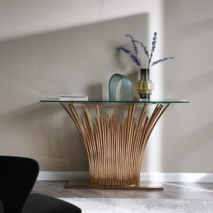 Modrest Paxton - Mesa consola moderna de cristal + oro rosa