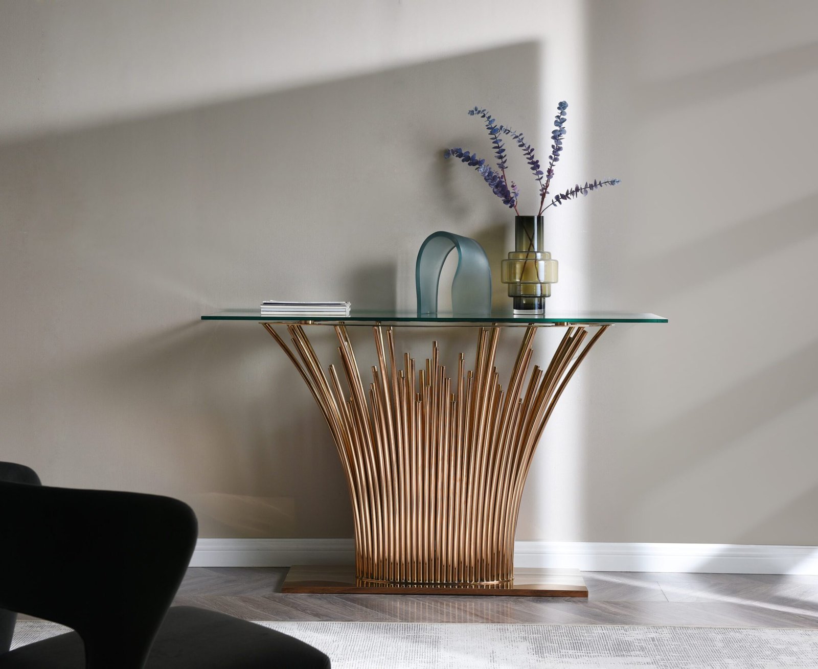 Modrest Paxton – Mesa consola moderna de cristal + oro rosa