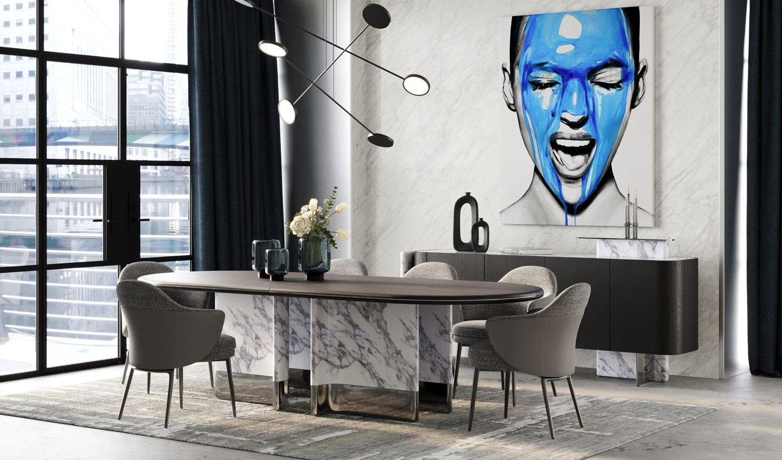 Modrest Renfew - Mesa de comedor ovalada moderna de roble negro + mármol sintético - Image 4