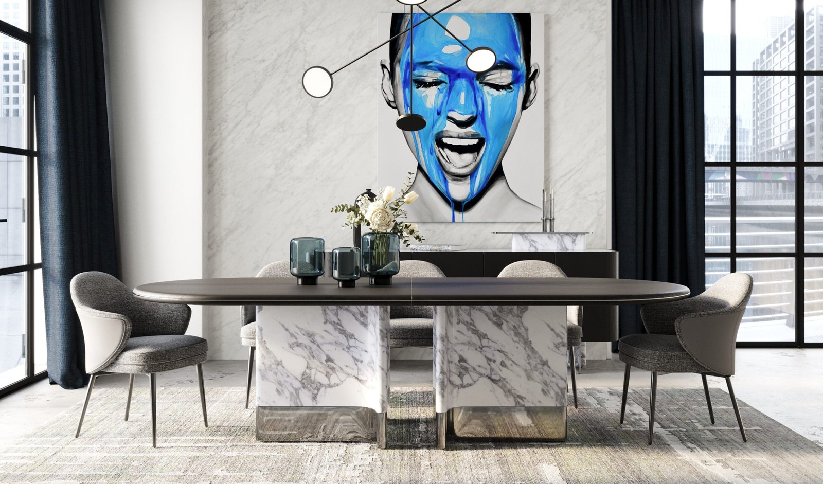 Modrest Renfew - Mesa de comedor ovalada moderna de roble negro + mármol sintético - Image 5