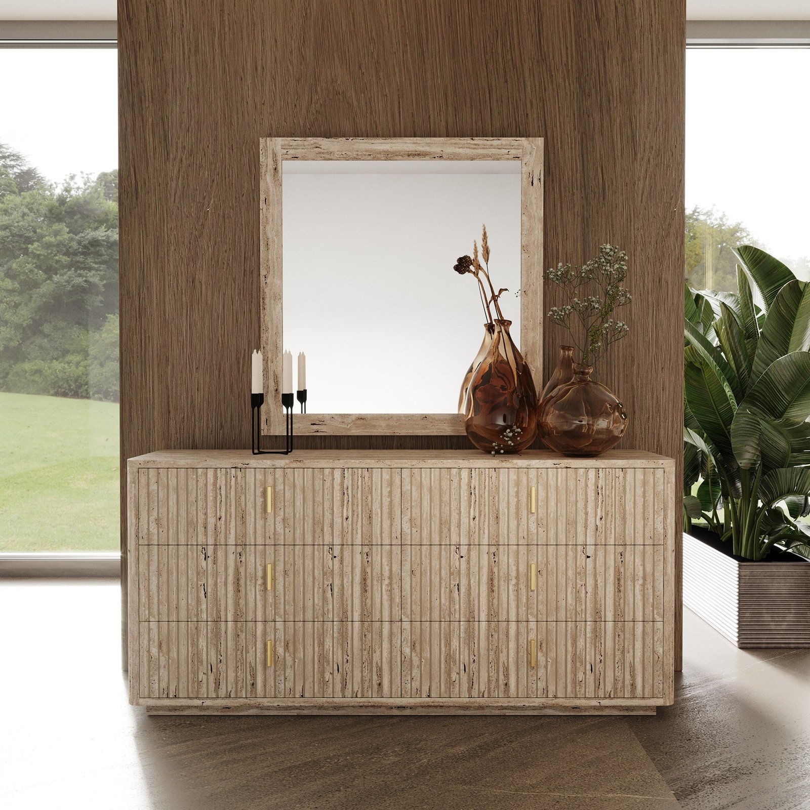 Eastern King – Nova Domus Daystar + Roma – Juego de recámara moderno de terciopelo beige + travertino + dorado