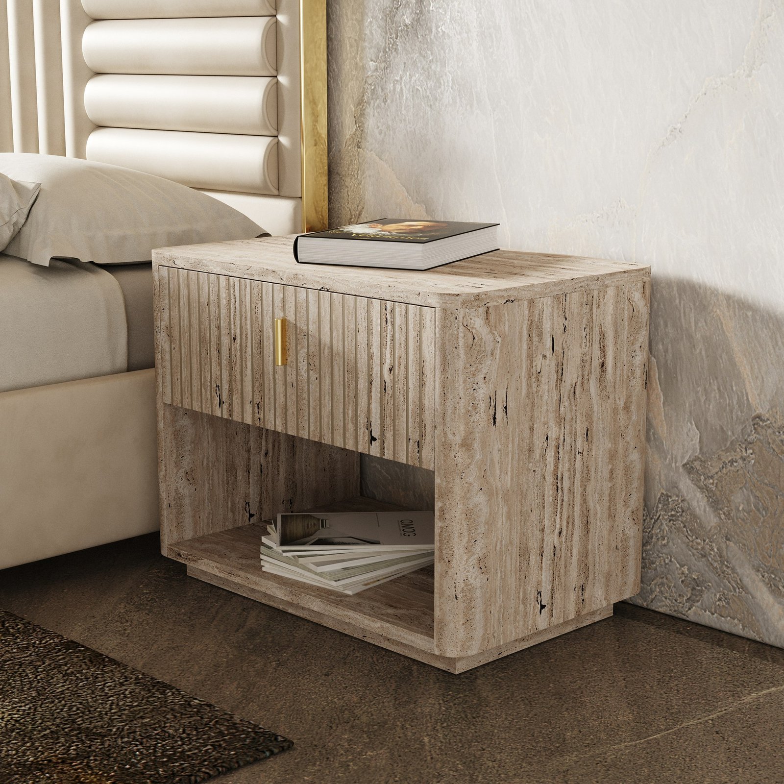 California King - Nova Domus Daystar + Roma - Juego de recámara moderno de terciopelo beige + travertino + dorado - Image 2