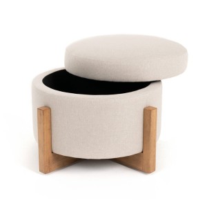 Modrest Sada - Otomana redonda de lino beige + otomana redonda de castaño moderna de mediados de siglo