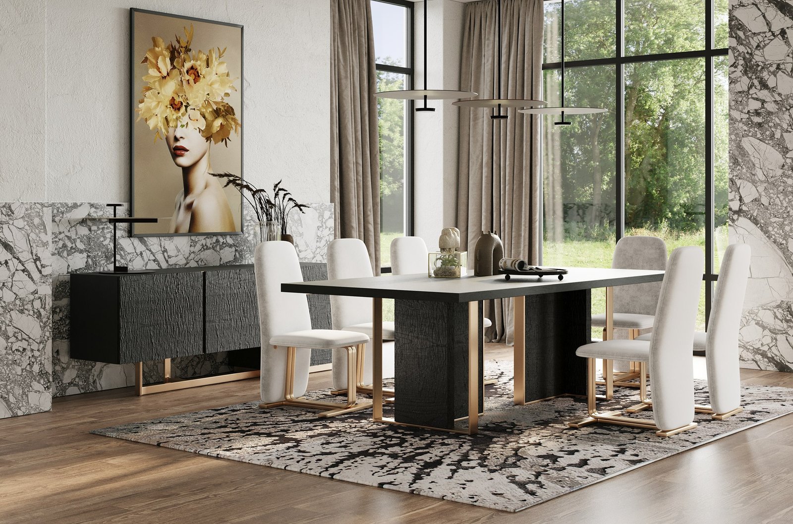 Modrest Tasha - Mesa de comedor rectangular moderna de fresno negro + oro cepillado - Image 2