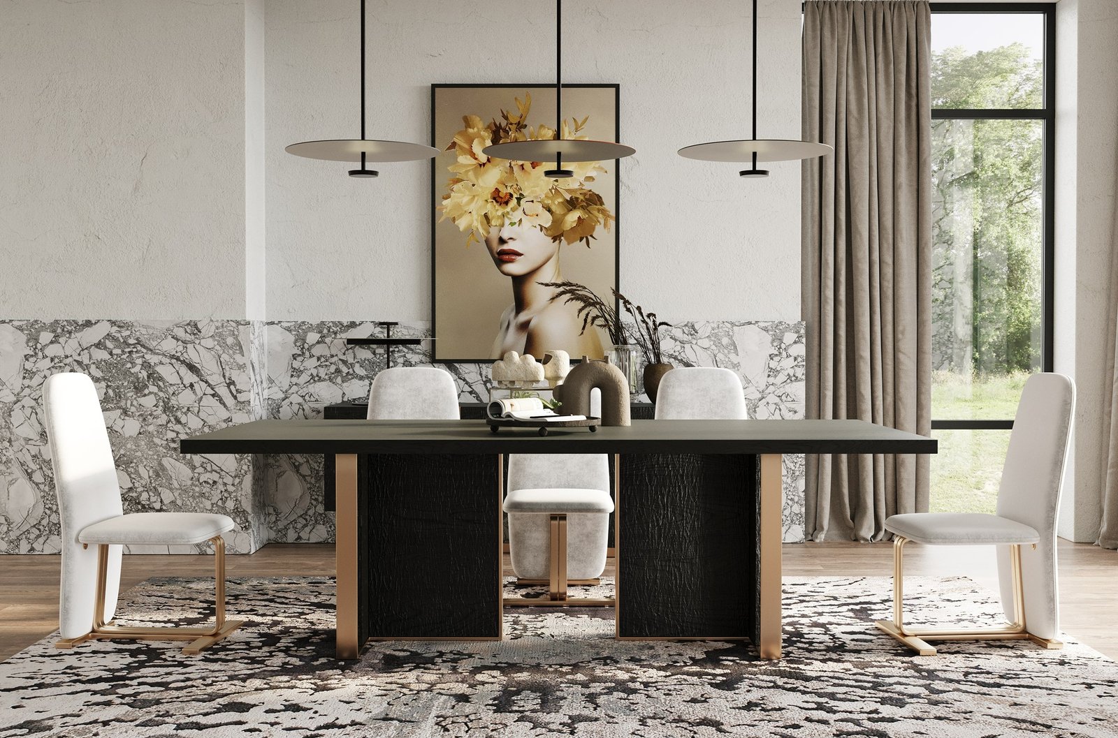 Modrest Tasha - Mesa de comedor rectangular moderna de fresno negro + oro cepillado
