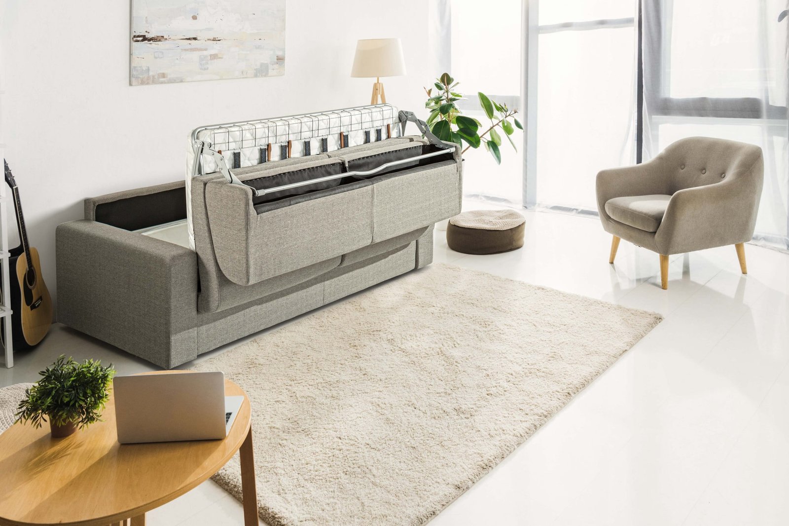 Modrest Made in Italy Urrita - Sofá cama moderno de tela gris con colchón tamaño completo - Image 2
