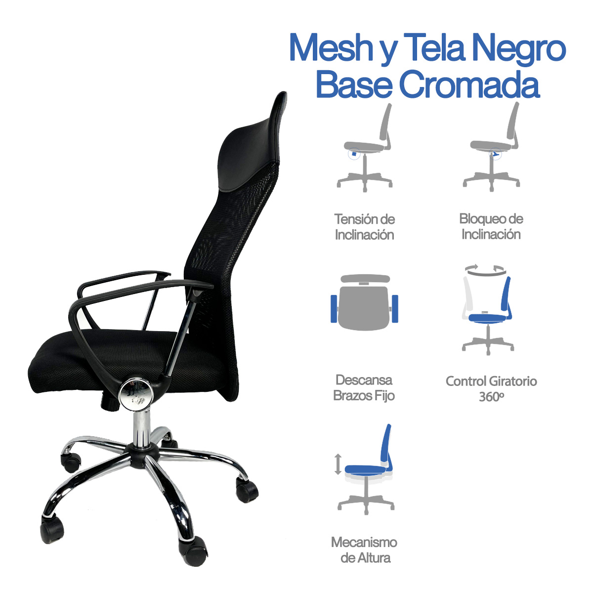 Silla Ejecutiva E103 Mesh y Tela Color Negro Base Cromada - Image 5