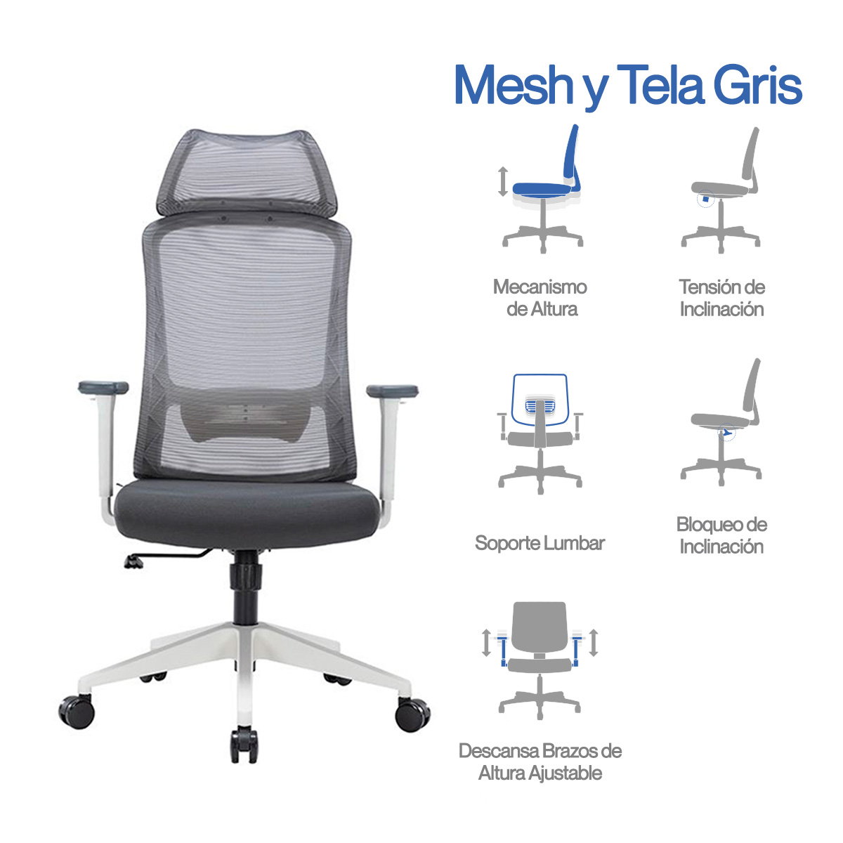 Silla Ejecutiva H7 Mesh Gris Estructura Blanca - Image 10